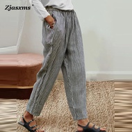 Fashion Casual Cotton Linen Streetwear Long Pant New Autumn Lady Mdle Waist Pocket Pant 2023 Women Striped Simple Pencil Pants