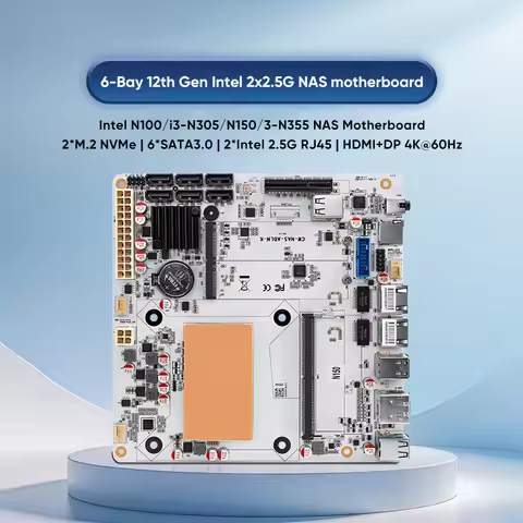 6-Bay Mini ITX NAS Firewall Motherboard Intel N100 N150 N305 i3-N355 2.5G Intel i226 2×M.2 NVMe 6×SA
