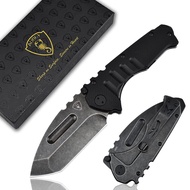 AUBEY Folding Pocket Knife with Tanto Tumbled Black 440C Steel Blade, Liner Lock, G10 Steel Handle, 