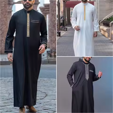 Muslim Men Robe Embroidered Loose Luxury Long Skirt Ramadan Prayer Kaftan Pakistan Attire Thobe Gent