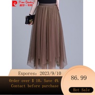 NEW Pierre Cardin（pierre cardin）Irregular Skirt2023Summer New Tulle Skirt Mid-Length Pleated Skirt LaceALine Skirt Thi