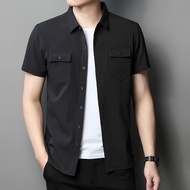 Kemeja pendek pria sage green motif polos slimfit kasual distro dewasa bahan Linen crinkle