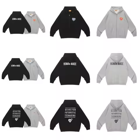 Human Made Winter Japanese Retro Zip Hoodie Loose Heart Print Couple Jacket