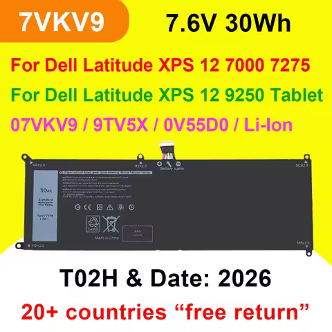 7VKV9 FOR DELL Latitude XPS 12 7000 7275 9250 Series Notebook Tablet 9TV5X Laptop Battery T02H001 0V