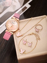 1只兒童時尚石英矽膠手錶,簡約設計,節日禮物和蝴蝶珠寶套裝