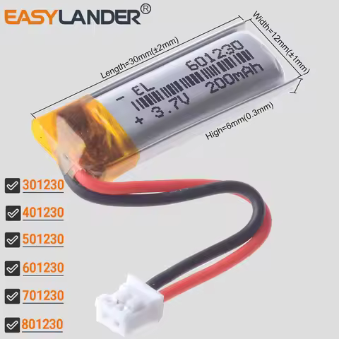 JST2.0 2Pin 601230 3.7V 200mAh 301230 401230 501230 701230 801230 Rechargeable Lithium Polymer Batte
