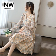 INWPLLR Spring Autumn Women Dresses Floral Painting Midi Wrap Dress Age-reduction V-neck Long Sleeve Dress Female