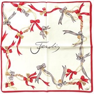 Fendi 緞帶與珍珠印花薄紗絲巾，復古 Logo 設計 18 x 18 英吋