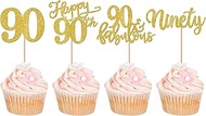 Rsstarxi 24 Pack Happy 90th Birthday Cupcake Toppers Gold Glitter Ninety 90 Fabulous Cupcake Picks 9