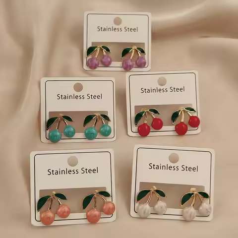 New cherry colored enamel 18K gold-plated women's earrings, waterproof and non-fading stainless stee