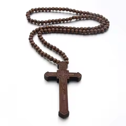Wood Handmade Rosary Necklace Car Ornament Catholic Wood Beads Necklace Religious Mellow Crucifix Pe