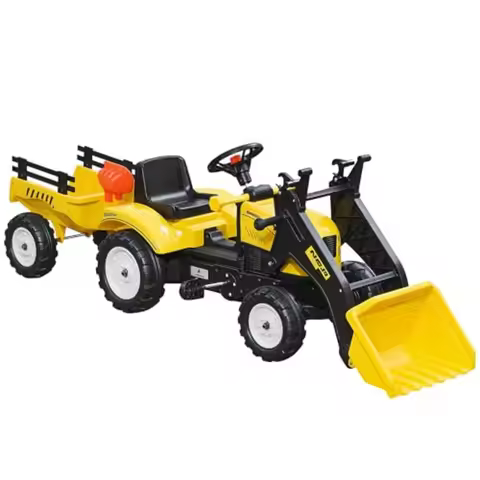 Ride-On Excavator Pedal Car Bulldozer with Real Working Dirt Bucket 6 Wheels Cargo Trailer Blue Plas