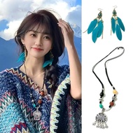 Ethnic Style Long Necklace Retro Tibetan Silver Lotus Pendant Sweater Chain Hole Blue Earrings Yunnan Travel Photo Accessories