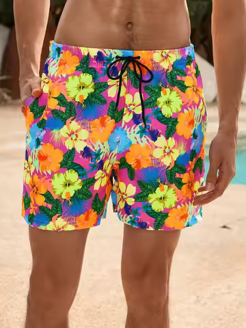 Men's High-Tech 3D Printed Aloha Shorts - Realistic Jungle Foliage & Exotic Hibiscus Designs for Poo
