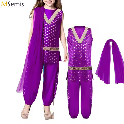 India Pakistan Clothing Dance Dress Up Costume Ethnic Style Girl's Daily Ethnic Set Sleeveless Sides