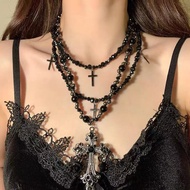 Gothic Punk Black Beaded Cross Necklace Men Women Long Necklace Accessories