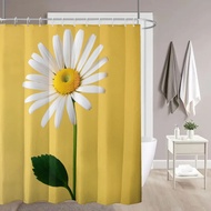 1pc Daisy Print Polyester Shower Curtain , 71x71 Inches , Yellow Background White Daisies & Green Le