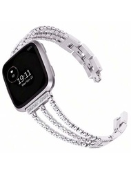 1 件銀色女用三鏈設計帶水鑽嵌入鋅合金錶帶適用於 Fitbit Versa 4/versa 3/sense2/sense(不含手錶)