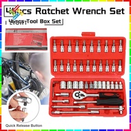 (46pcs) Red Ratchet Wrench Set Car Motorcycle Repair Kit Manual Tool Box