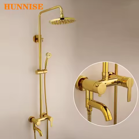 Golden Bathroom Shower Set Hot Cold Bathtub Mixer Tap Round Rainfall Shower Head Brass Bathroom Mixe