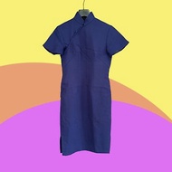 二手 古董訂製 藍色 羅紋感 微開衩 短袖 旗袍 CA404