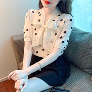 Áo Sơ Mi trung niên nữ U30 U40 U50 Áo Sơ Mi Nữ Chấm Bi To Tay Ngắn Cổ Thắt Nơ Trơn HT_ Thời Trang Tr