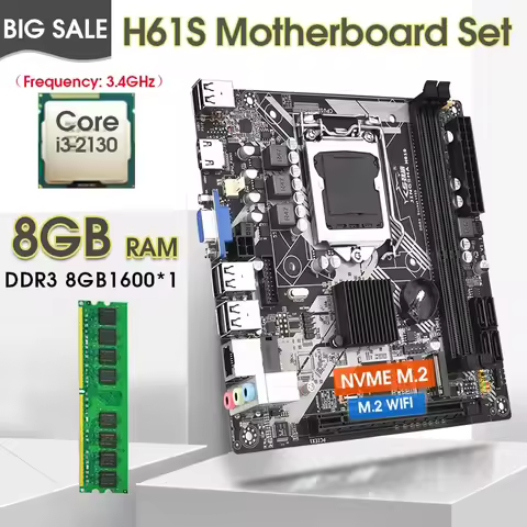 H61S Desktop mini itx Motherboard LGA 1155 Set kit with Intel Core I3 2130 CPU and 1pcs x 8GB=8GB 16