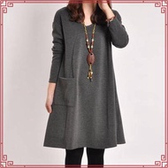 Plus Size Dress Women Long Sleeve Causal Long Dress Solid Color Loose Dress