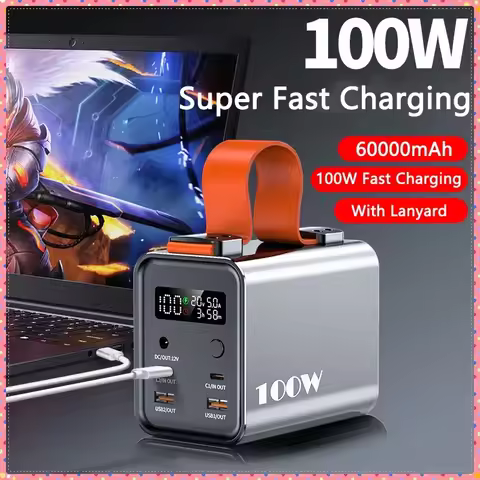 Power Bank 60000mAh PD 100W Fast Charging for iPhone Samsung Huawei Laptop Notebook Powerbank 12V DC