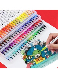 雙記號筆刷筆，彩色細點記號筆和刷螢光筆，適用於成人著色手寫刻字寫作規劃藝術供應商（12/24/36/48/60/80/120 色筆套裝）