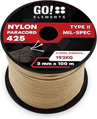 GO!elements 100 m Paracord Rope Made of Tear-Resistant Nylon - 3 mm Paracord 425 Type II Max. 192 kg