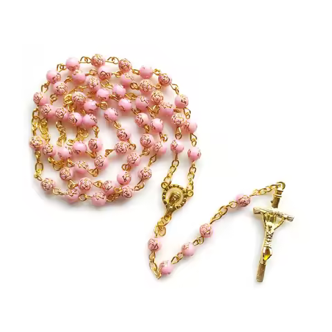 Plastic Rosary Pink Rose Beads Cross Pendant Necklace For Women Catholic Pray Jewelry
