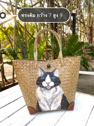 กระเป๋ากระจูดเพ้นท์รูปแมว กระจูดรูปแมว krajoodpaint krajoodcat handicraft handmade krajoodpaints