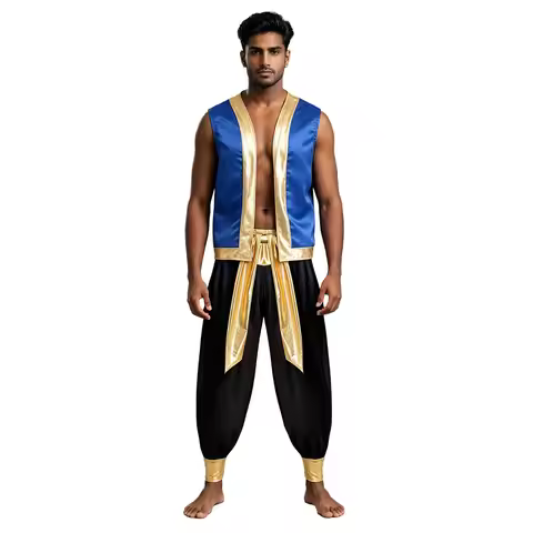 Mens Adult Arabian Prince Costume Captain Cosplay Outfits Man Shiny Trim Open Front Glitter Vest wit