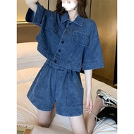 大碼 套裝 女 2024 新款 大碼女裝上衣 大碼女裝上衣新款韩版 Summer Denim Suit for Women - Short-Sleeved Shirt & Jacket Set