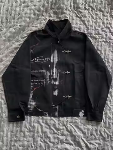 Gothic Black Denim Jacket Metal Toggle Clasp Motorcycle Women Coats Emo Aesthetic Retro Print Punk W