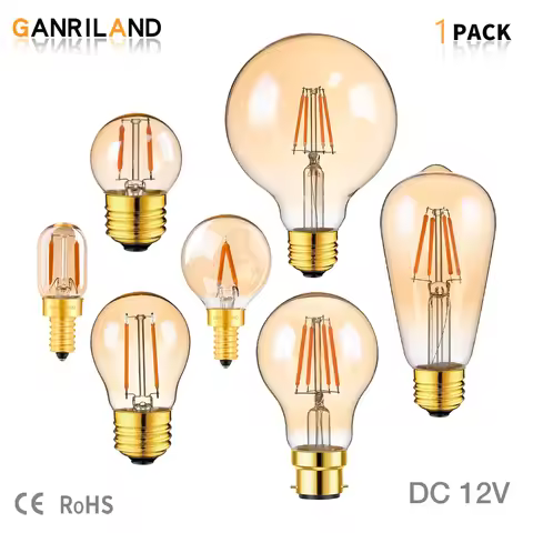 GANRILAND Vintage Low Voltages DC 12V Led Bulbs Amber Glass Soft Warm 2200K E14 E27 B22 Base Marine