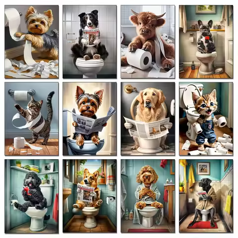 1pc frameless diamond painting Dog Diamond Painting Cat Toilet Cartoon Diamond Mosaic Animal Full Ro