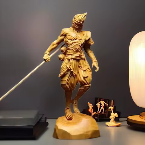 Natural Cypress Sun Wukong Statue Chinese mythological Figures， Game Black Myth Wukong Home, Room Of