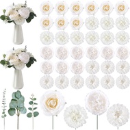 5/10Pcs White Assorted Artificial Flowers Head Roses Eucalyptus Leaves DIY Bouquet Floral Table Cent