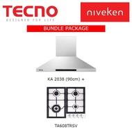 (HOOD + HOB) Tecno KA 2038 (90cm) Chimney Cooker Hood + Tecno TA 608TRSV 4 Burner Gas Hob