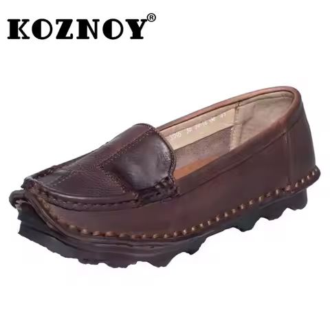 Koznoy 1.5cm Native Flats Shoes Ethnic Moccasins Natural Cow Genuine Leather Big Size Women Slip on 