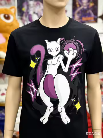 Loose Fit High Quality Cotton Pokemon Mewtwo T Shirt White Body Purple Tail Holding Purple Pokeball 