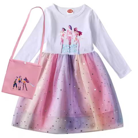 KPop Demon Hunters Clothes Kids Long Slevess Dresses Cotton Rainbow Full Dress Teen Cartoon Girl Clo