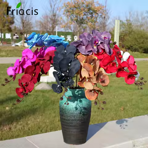 8 Heads Big Orchid Artificial Flower Branch Phalaenopsis Butterfly Burgundy Black Colorful Wedding H