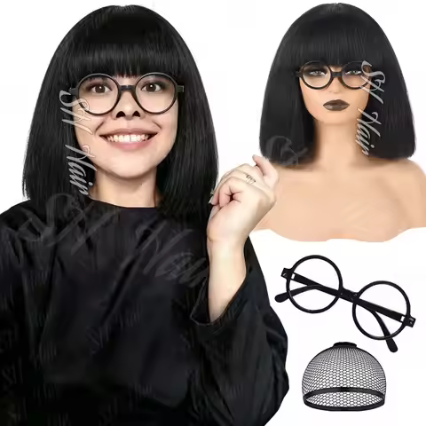 Synthetic Black Bob Wigs+Glasses Frame for Women, Edna Mode Costume Fluffy Yaki Bob Wig with Bangs f