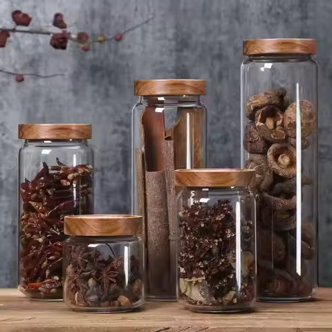 Round Glass Tube Jar Acacia Wood Cover Glass Storage Jar Sealed Glass Jar Kitchen Storage Glass Jar 