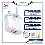 Ldnio Charger Set 45W Type C Super Fast Charging Charger 5A Charger Adapter Kepala Charger Travel Chargers