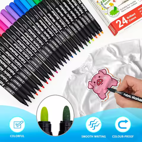 12/24 Colors Fabric Markers Pens Set Permanent Fabric Paint - Fine Point Tip Textile Marker Pen for 