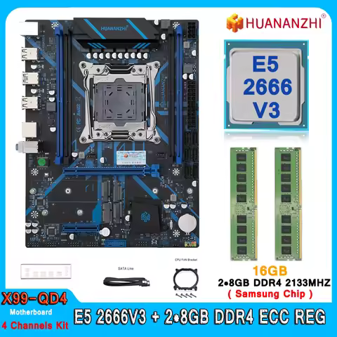 Huananzhi X99 QD4 Motherboard LGA 2011 Set with E5 2666 V3 CPU 16GB(2*8GB) DDR4 Xeon X99 Combo Kit Q